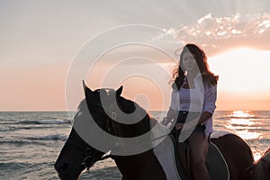 Woman in summer clothes enjoys riding a horse on a beautiful sandy beach at sunset. Selective focus