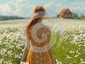 A woman in a summer dress runs through a field of daisies, laughing.