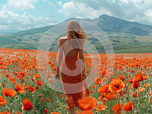 A woman in a summer dress runs through a field of poppies, laughing.