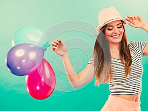 Woman summer joyful girl with colorful balloons