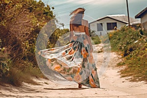 woman summer person lifestyle beautiful hippie sea dress fashion beach fashionable. Generative AI.