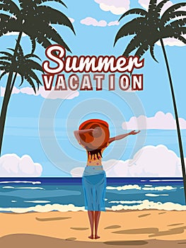 Woman on Summer Vacation, seaside resort in beach wear red hat enjoing rest. Tropical resort, palms, sea, ocean. Vector