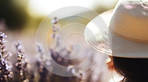 Woman with a sun hat in a lavender field, blurred floral background