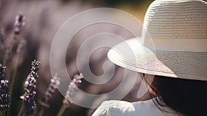 Woman with a sun hat in a lavender field, blurred floral background