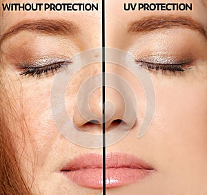 Woman without and with sun protection cream on her face, closeup