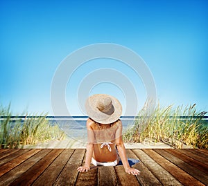 Woman Sunbathe Sunny Summer Beach Relaxing Concept