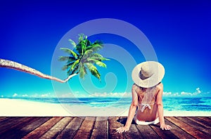 Woman Sunbathe Sunny Summer Beach Relaxing Concept