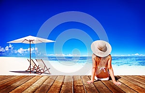 Woman Sunbathe Sunny Summer Beach Relaxing Concept