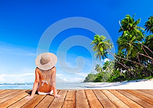 Woman Sunbathe Sunny Summer Beach Relaxing Concept