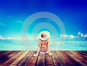 Woman Sunbathe Sunny Summer Beach Relaxing Concept