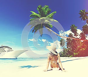 Woman Sunbathe Sunny Summer Beach Relaxing Concept