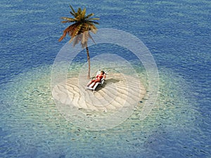 Woman sunbathing in lounge on small island