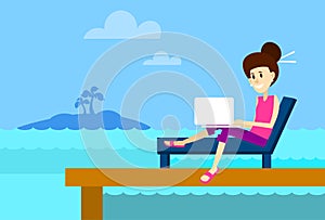 Woman On Sunbed Using Laptop Freelance Beach Remote Working Place Summer Vacation Holiday Tropical Ocean Island