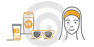 Woman and sunblock cream, sunglasses icon isolated