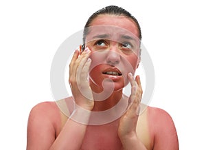 Woman with sunburned skin on white background