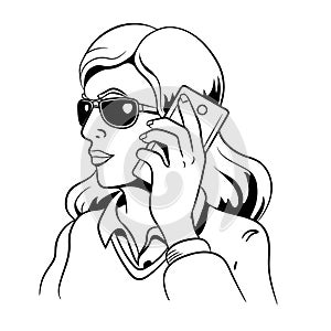 The woman in sunglasses talking on the phone.