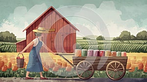 A woman in a sunhat and overalls pulls a wooden wagon filled with colorful jars of homemade jams jellies and preserves