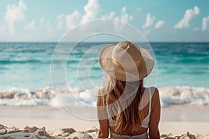 Woman in a sunhat relaxing on the sandy shore, gazing at the tranquil ocean photo