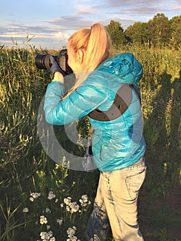 Woman at sunset photographs a grass on the fringe of the forest