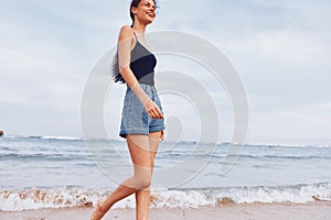 woman sunset summer running beach lifestyle walking travel smile sea young