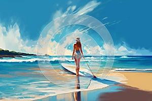 Woman with SUP board, watersport. AI generative. Relax