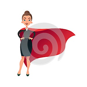 Woman superhero cartoon character. Wonder woman with cape of super man. Confident business lady focused on success. Flat