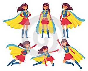 Woman superhero character. Wonder girl in superwoman costume with cloak. Superheroes hero character vector illustration photo