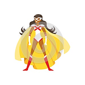 Woman superhero in classic comics costume with cape