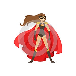 Woman superhero in classic comics costume with red cape