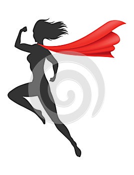 Woman superhero silhouette with scarlet fabric silk cloak. Mantle costume or cover cartoon vector illustration