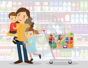 Woman in supermarket with kids