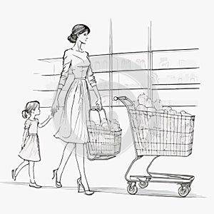 Woman in supermarket with a kids and shopping cart full of groceries.