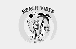 Woman Surfboard Beach Vibes Surf Club Vintage Distresed