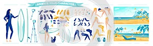 Woman with Surfboard, Body Parts - Animation Set