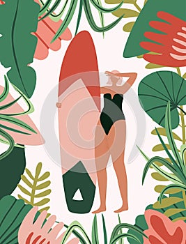 Woman surfer in retro bikini in jungle forest. Summer beach surfing background. Vector illustration for cover, postcard