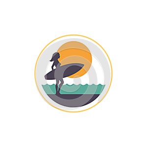 Woman surfer surfboard silhouette sea wave sun vintage 80s circle logo t shirt print vector