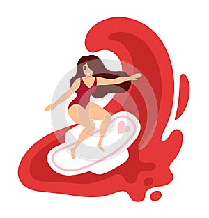 Woman surfing on sanitary pad. Girl having menstrual period, menstruation, premenstrual syndrome, PMS, female photo