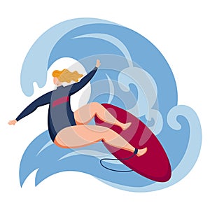 Woman surfing in sea, vector illustration. Cartoon surfer character at summer ocean, extreme surf sport. Girl person