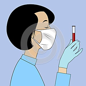 Woman with a surgical mask holding in her hand a test tube photo