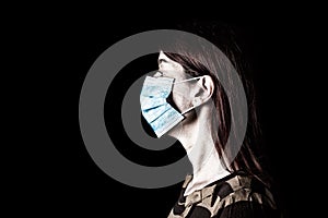 Woman with surgical mask. Pandemic or epidemic and scary, fear or danger concept. Protection for biohazard like COVID-19 aka