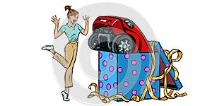 Woman surprise car gift. isolate on white background