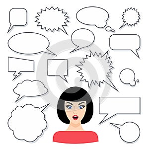 Woman with surprised expression and speech bubbles set