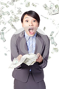 Woman surprised face with falling money