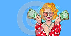 Woman surprised in glasses look wow somthing and showing money retro pop art style