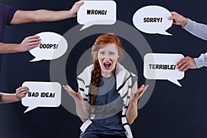 Woman surrounded by comments in speech bubbles