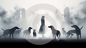 Silhouette Of Woman And Dogs In Dystopian Fog - Concept Art photo