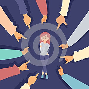 Woman surrounded by pointing hands, victim blaming vector illustration