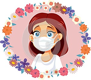 Woman Surrounded by Spring Flowers Suffering from Allergies Vector Cartoon