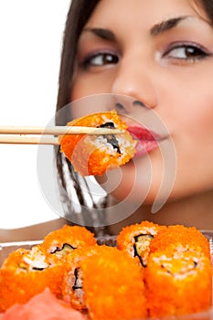 Woman with sushi
