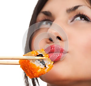 Woman with sushi